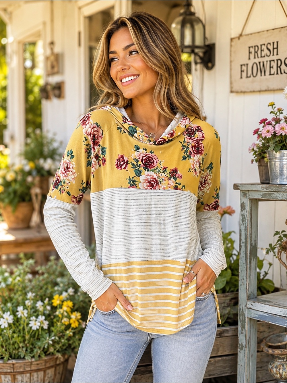 Mustard Floral Color Block Hooded Long Sleeve Top Size L